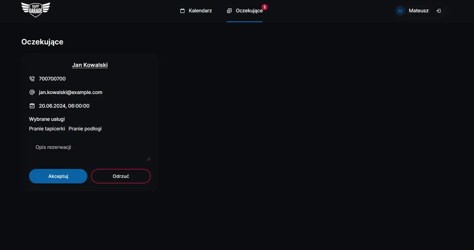 Panel admina - zarządzanie oczekującymi rezerwacjami