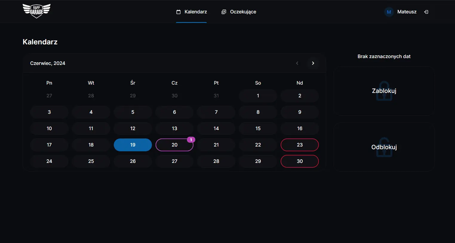 Panel admina - kalendarz